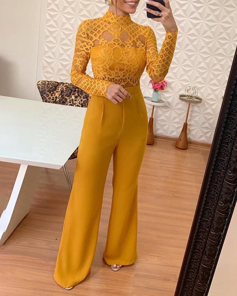 

Mock Lace Bodice Insert Bell-Bottom Jumpsuit, Yellow