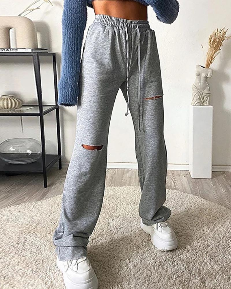 

Plain Cutout Drawstring Grey Sweatpants, Gray