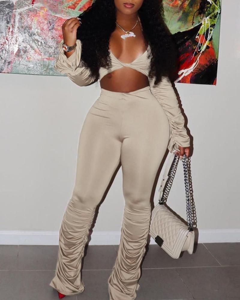 

Plunge Solid Crop Top & Ruched Pants Sets, Khaki