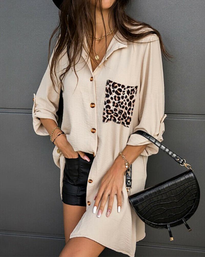 

Cheetah Print Button Design Long Sleeve Shirt, Khaki