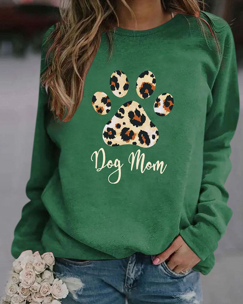 

Paw Leopard Letter Print Long Sleeve Casual Sweatshirt, Green