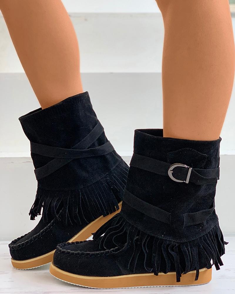

Tassel Design Buckle Boots, Black