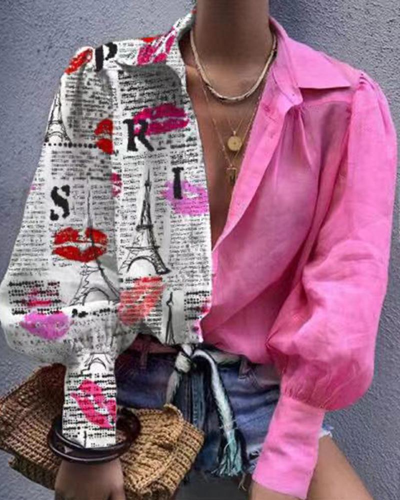 

Patchwork Print Long Sleeve Shirt, Pink