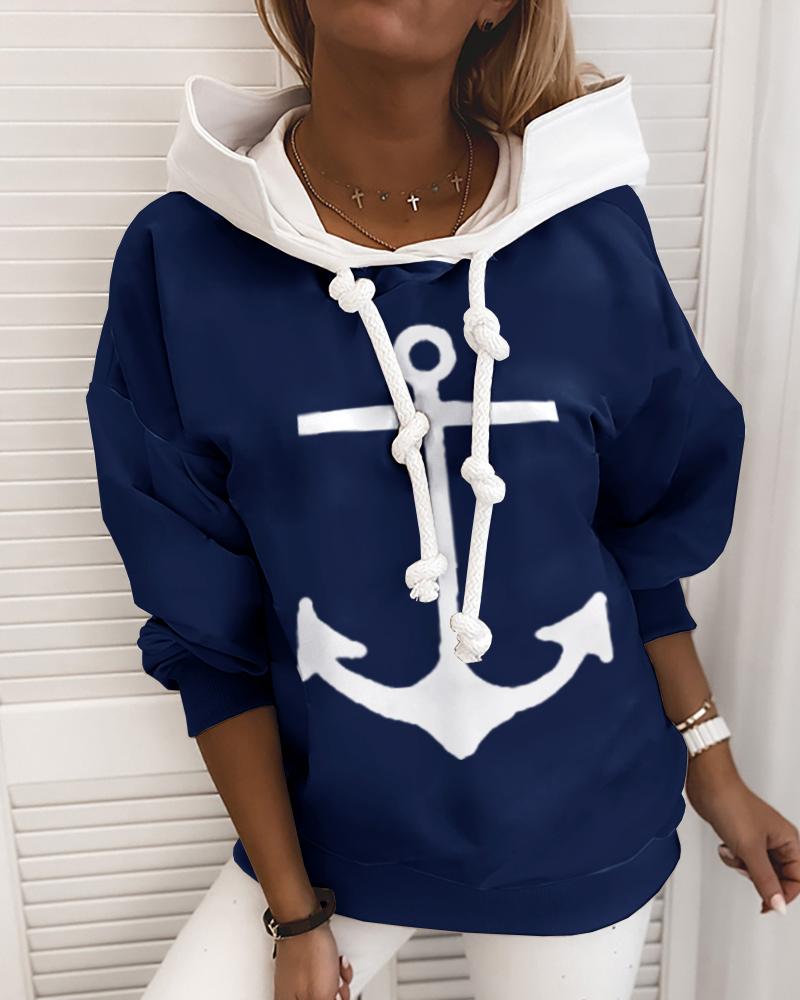 

Boat Anchor Print Hooded Long Sleeve Sweatshirt, Purplish blue