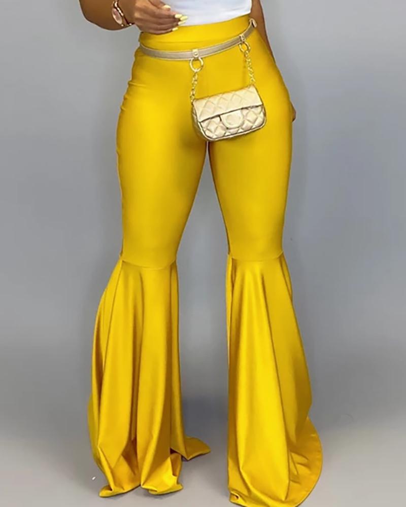 

Solid High Waist Bell-bottomed PU Pants, Yellow