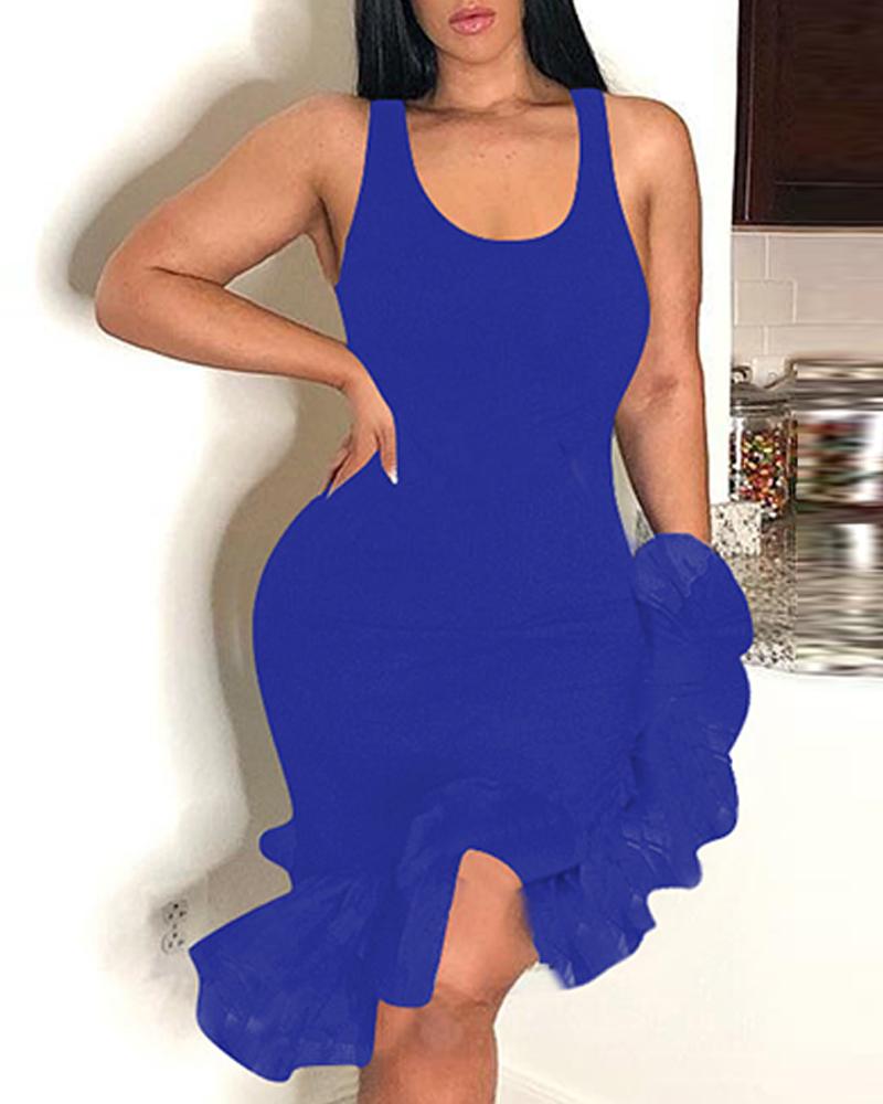 

U-Neck Irregular Mesh Hem Bodycon Dress, Blue