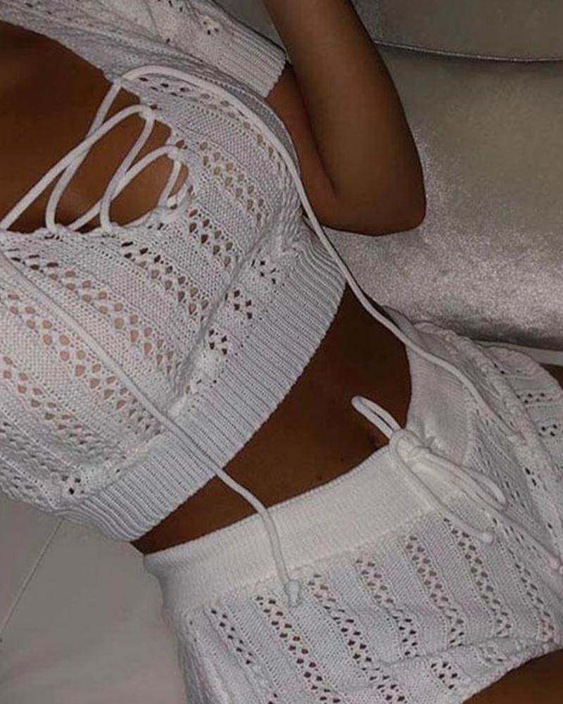 

Tie Front Knit Short Set, White