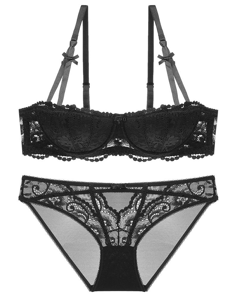 

Bowknot Detail Spaghetti Strap Sheer Mesh Bra Set, Black