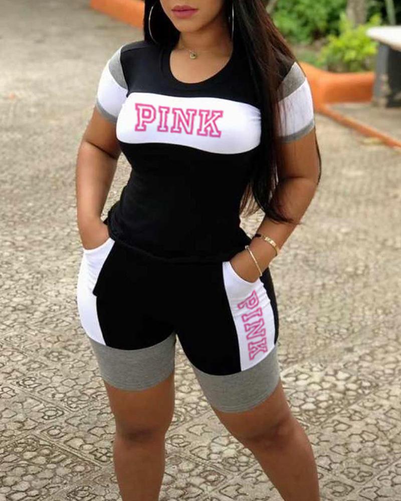 

Colorblock Print T-shirt Shorts Sports Set, Black