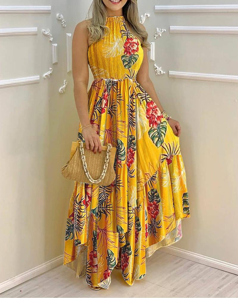 

Tropical Print Sleeveless Ruched Maxi Dress, Yellow