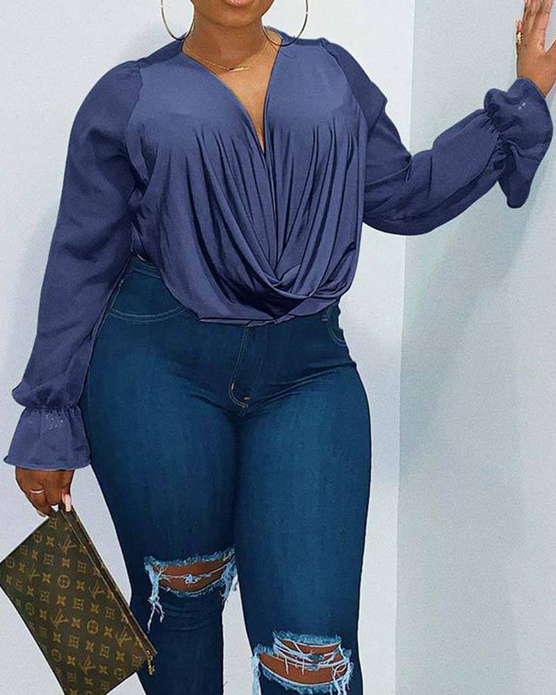 

Solid Long Sleeve Loose Chiffon Blouse, Blue