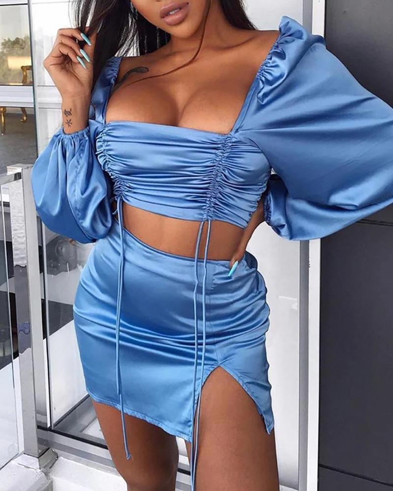 

Ruched Drawstring Crop Top & Slit Skirt Set, Blue