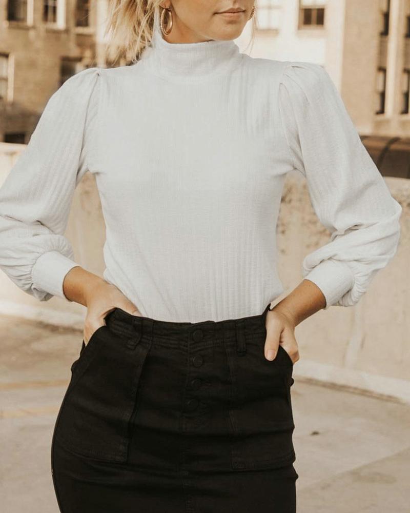 

Plain Puffed Sleeve Button Design Women Top, White