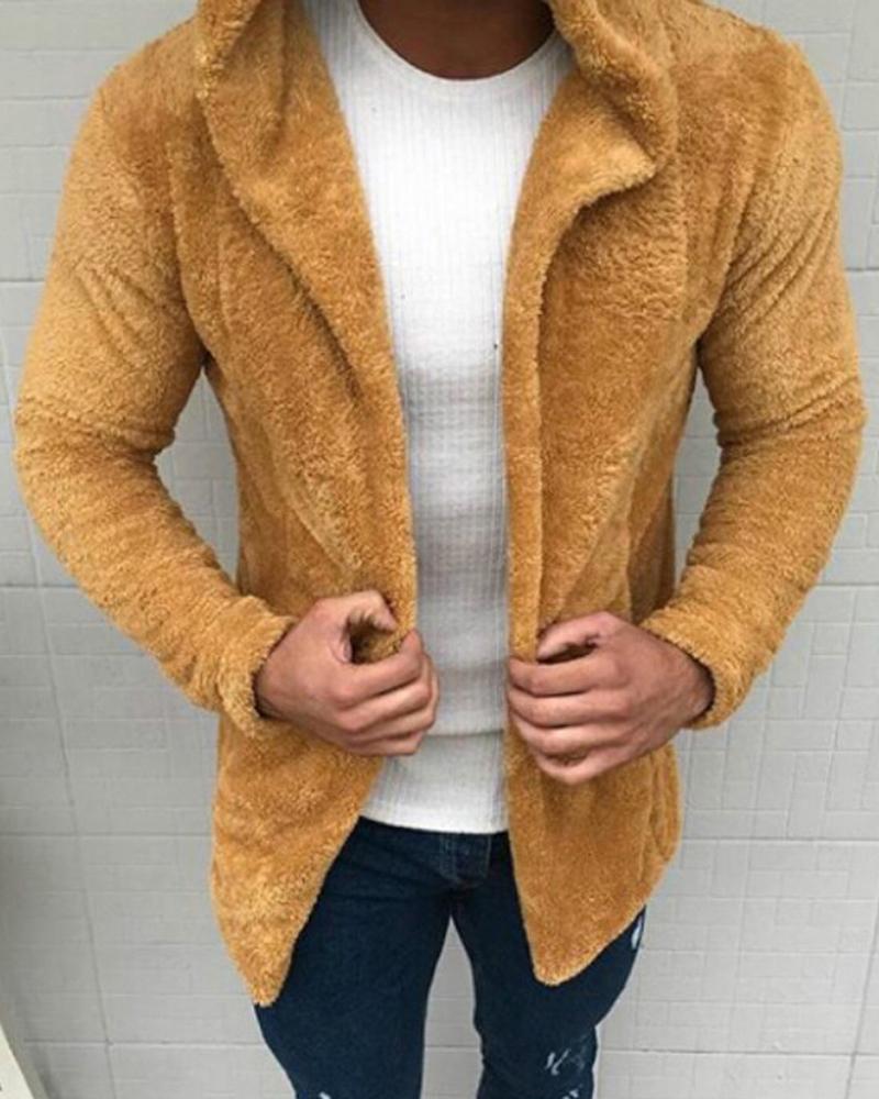 

Man Long Sleeve Plain Teddy Coat, Khaki