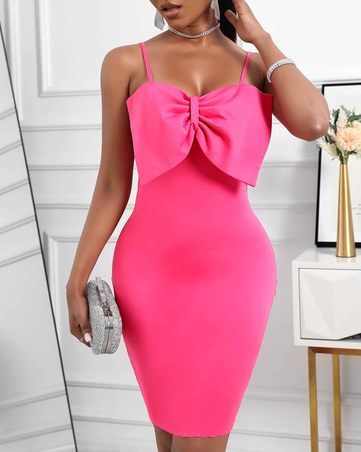 

Spaghetti Strap Plain Bowknot Design Bodycon Dress, Hot pink