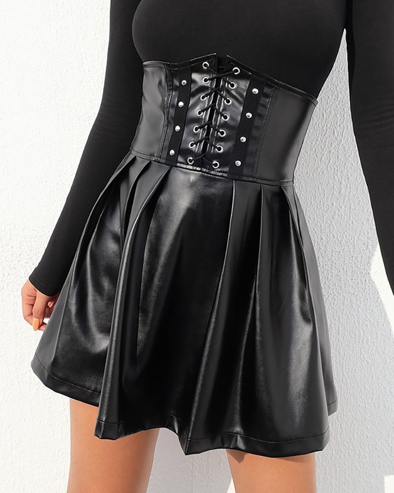 

Eyelet Lace Up Ruffles High Waist Pu Leather Skirt, Black