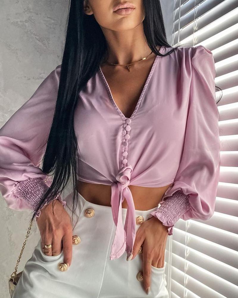 

Puff Lantern Sleeve Tie Front Shirring Detail Top, Pink