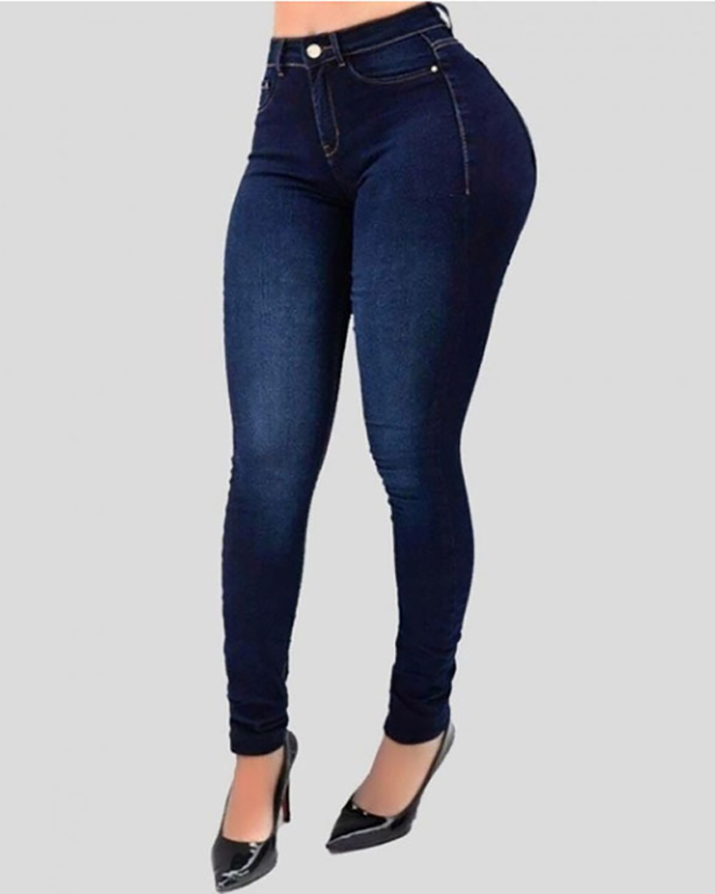 

High Waist Pockets Design Slim Jeans, Dark blue