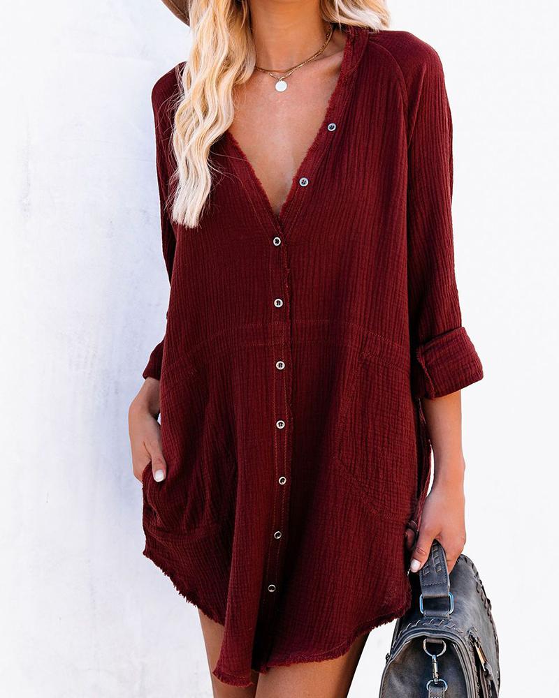 

Button Design Long Sleeve Casual Shirt, Wine red