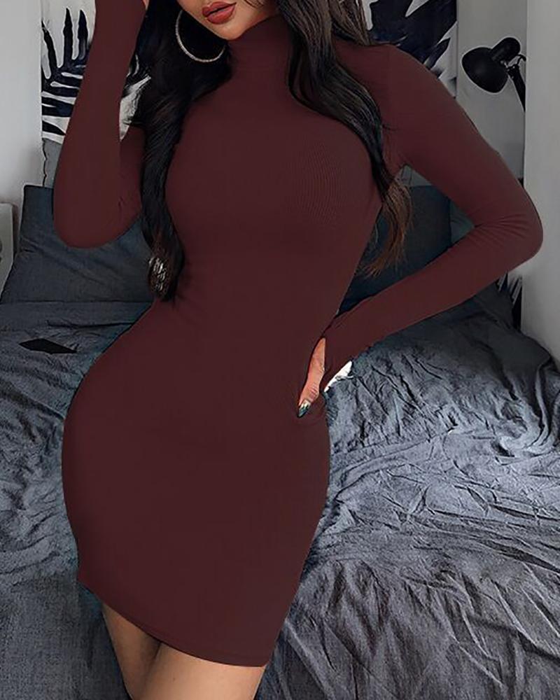 

Mock Neck Long Sleeve Mini Dress, Wine red
