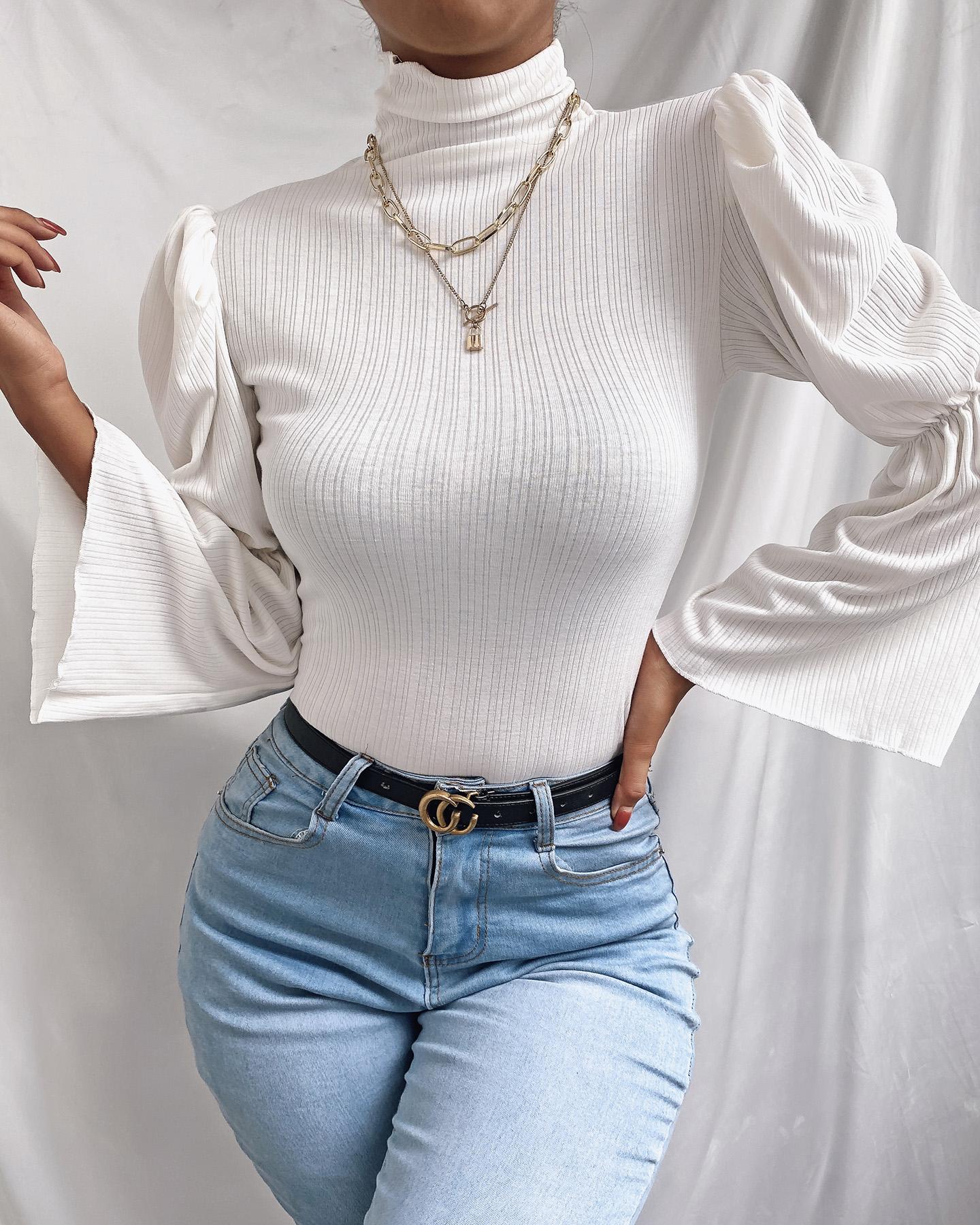 

Plain Puff Sleeve High Neck Top, White