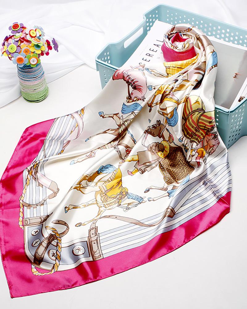 

Horses Print Square Silk Scarf, Hot pink