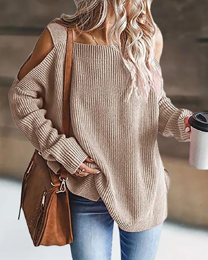 

Plain Cutout Long Sleeve Sweater, Khaki