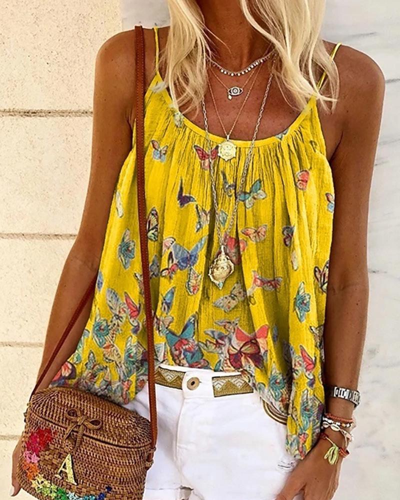

Butterfly Print Spaghetti Strap Casual Women Top, Yellow