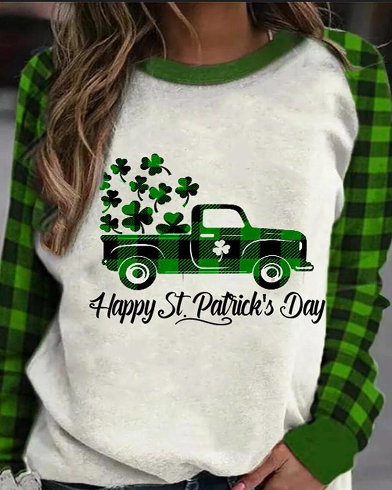 

St.Patrick's Day Clover Letter Print Colorblock Long Sleeve Casual T-shirt, Green