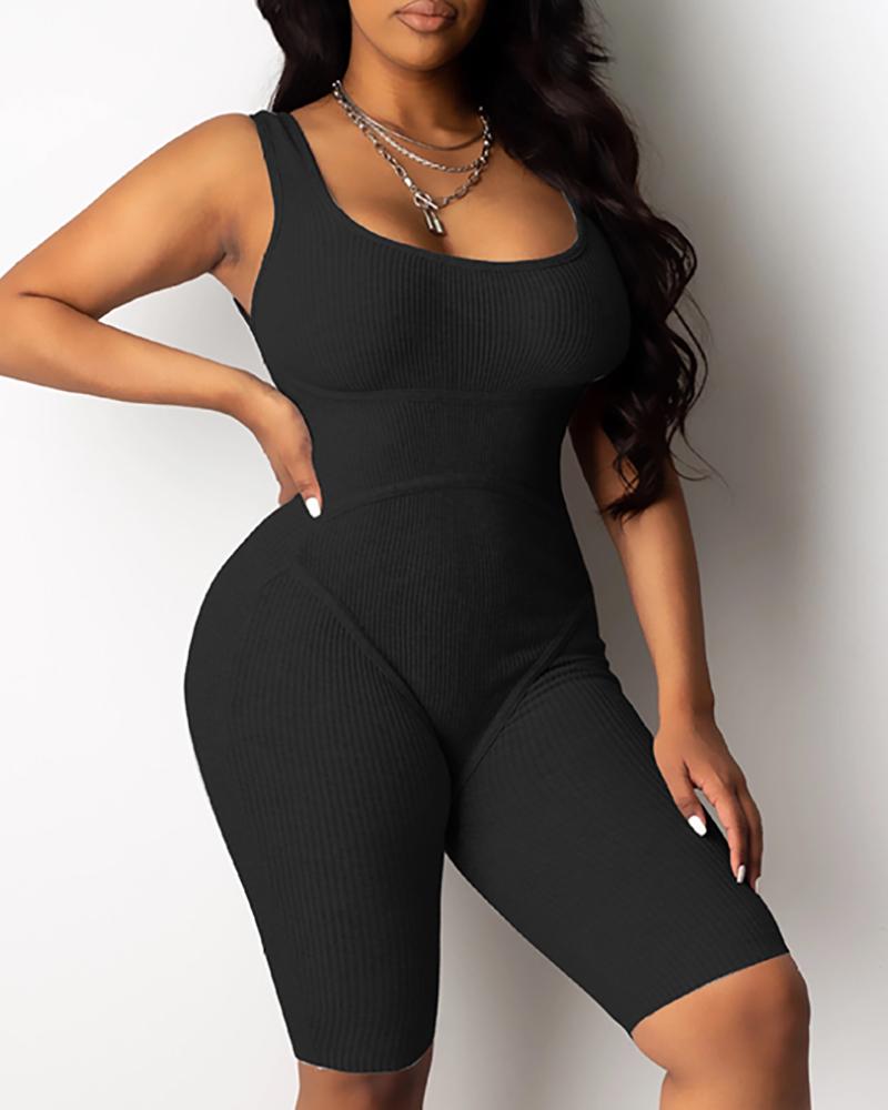 

U-Neck Thick Strap Fitted Romper, Black