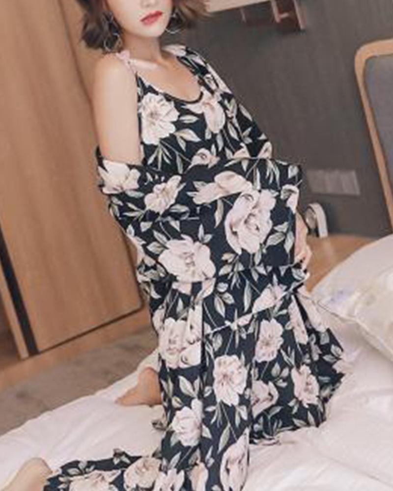

Tropical Print 3-Piece Pajama Set, Black
