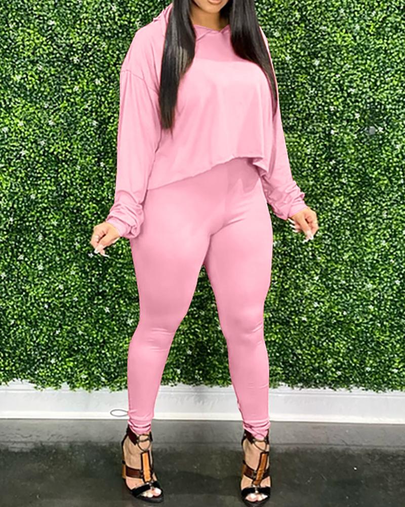 

Long Sleeve Hooded Women Top & Pants Set, Pink
