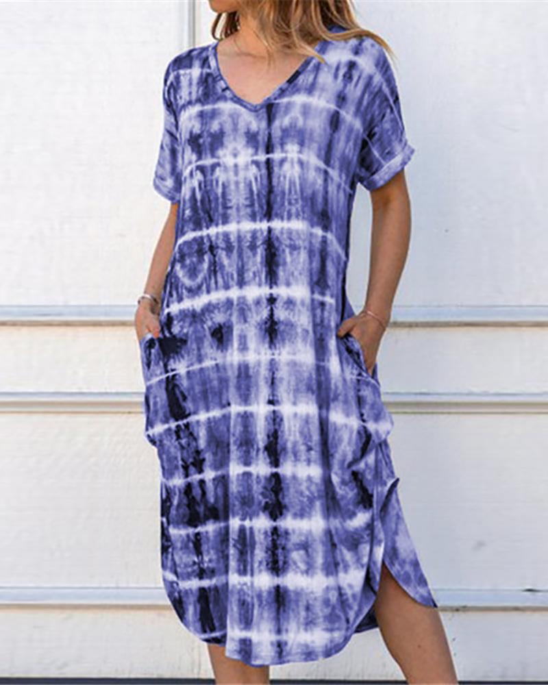 

Tie Dye Print V-neck Slit Casual Dress, Dark blue