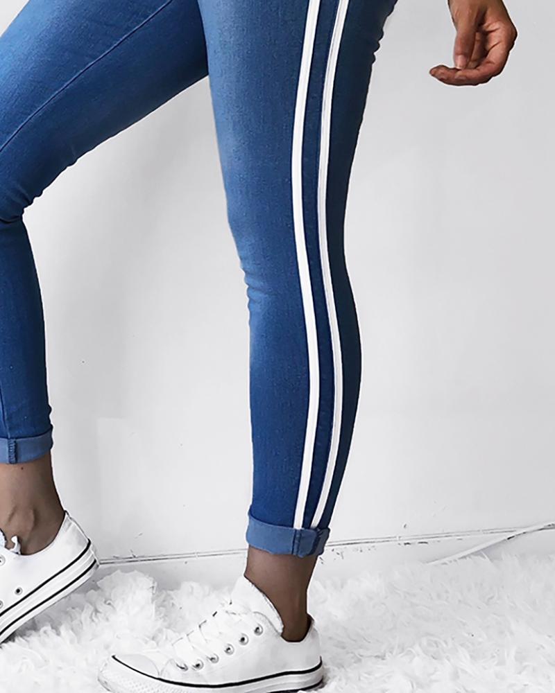 

Striped Tape High Waist Skinny Jeans, Blue