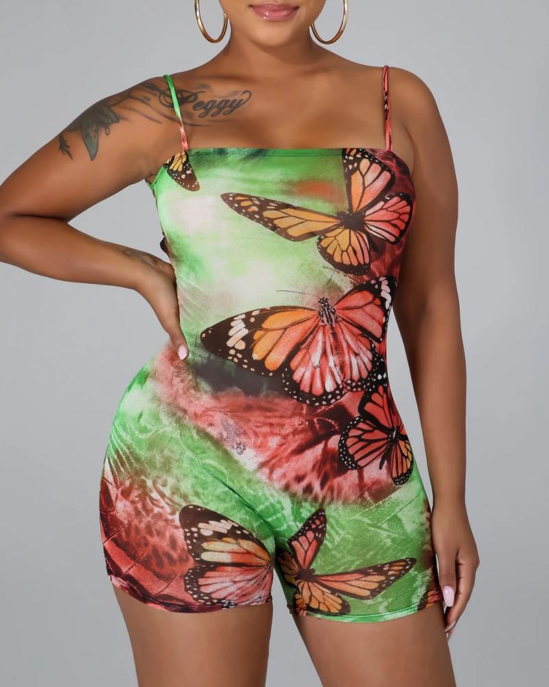 

Butterfly Tie Dye Print Backless Bandage Romper, Green