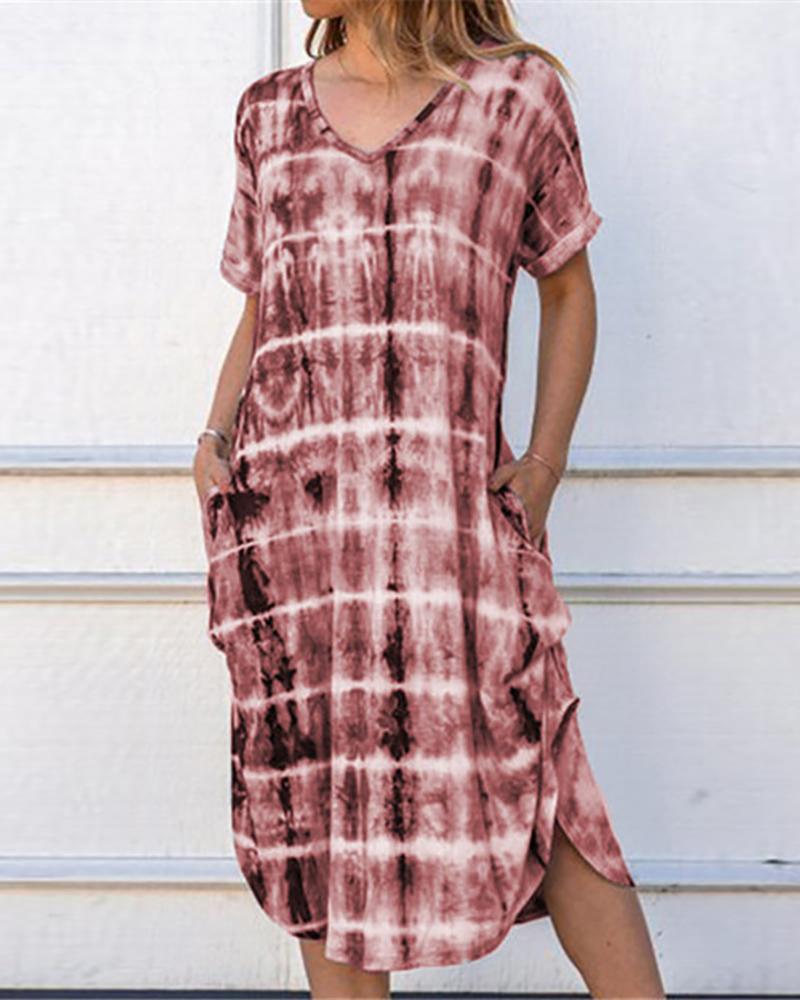 

Tie Dye Print V-neck Slit Casual Dress, Wine red