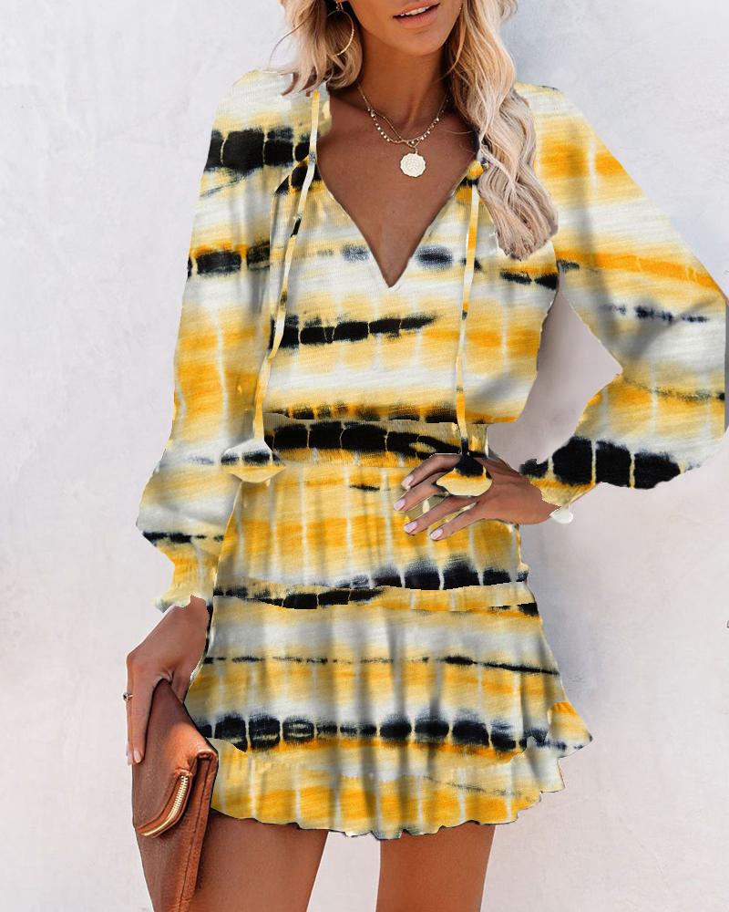 

Color Block Tie Dye Print Skinny Waist Long Sleeve Mini Dress, Yellow
