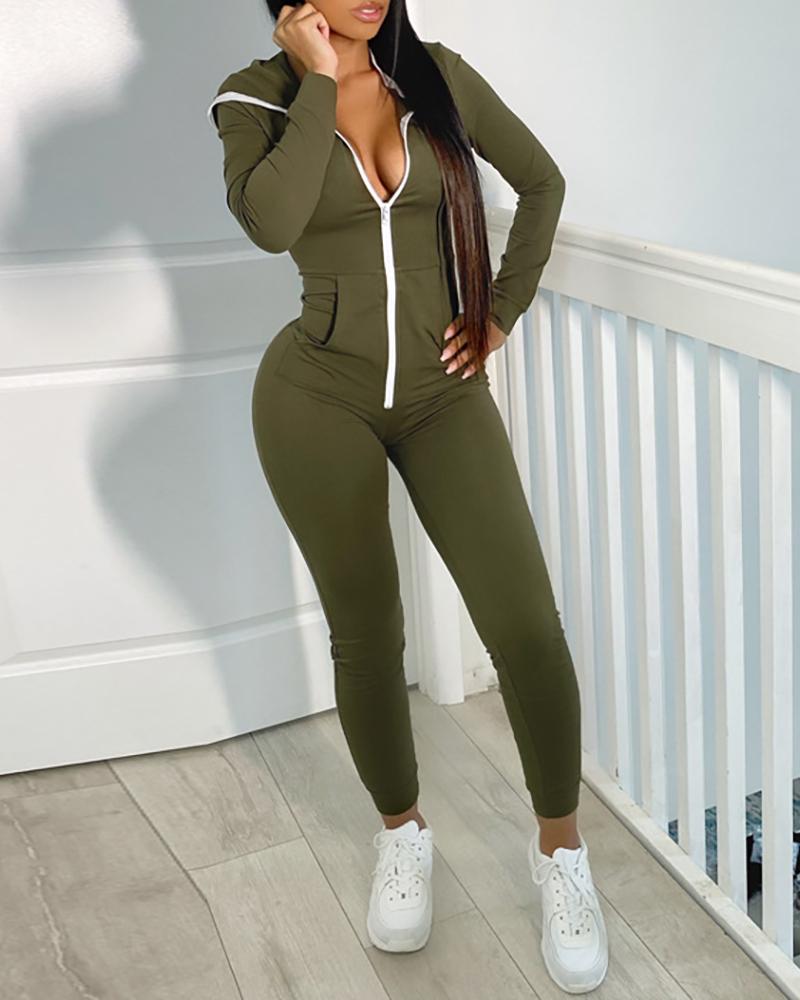 

Zip Front Pocket Design Hooded Jumpsuit, Green