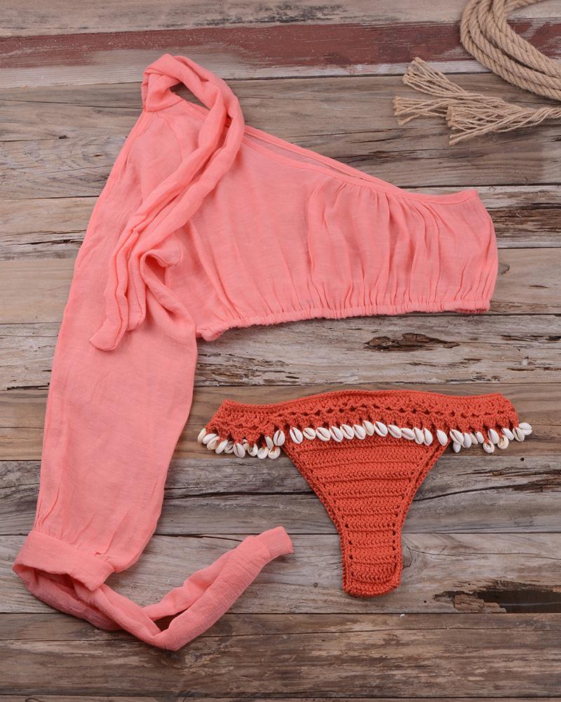 

One Shoulder Pompom Crochet Tankini Set, Wine red
