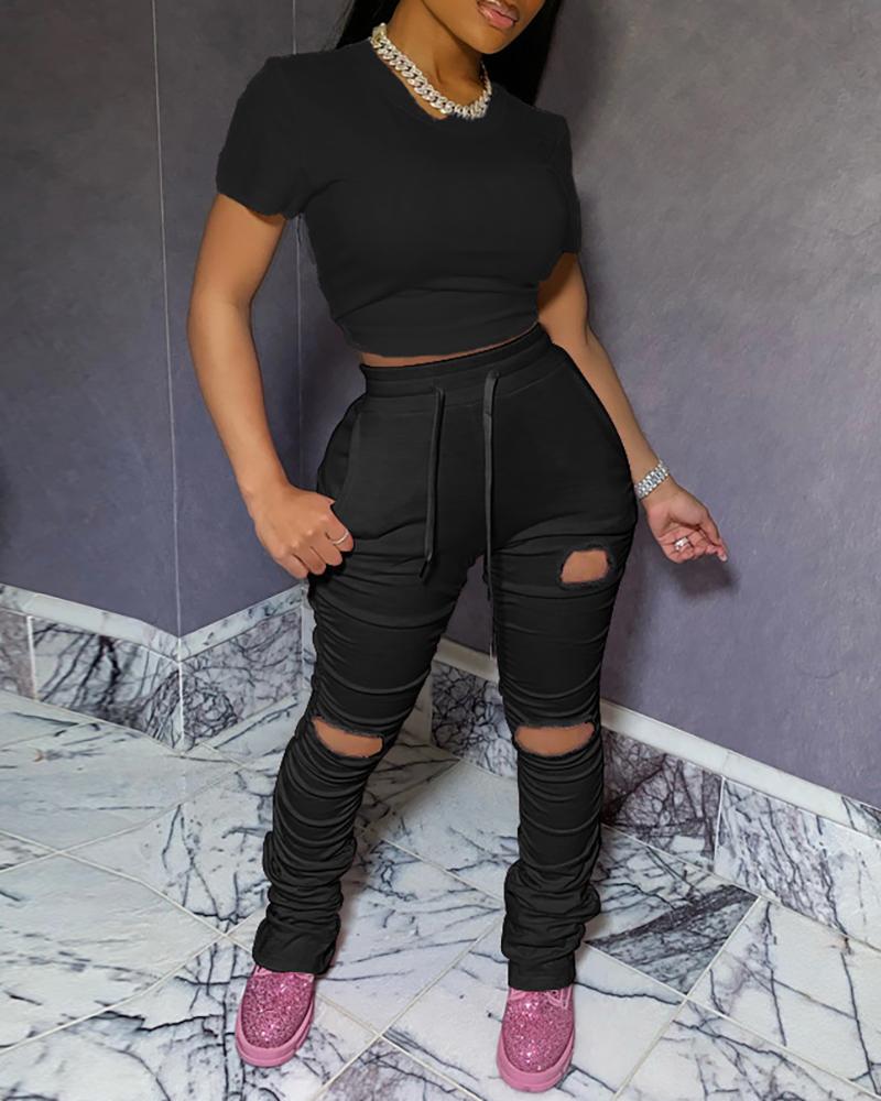 

Solid Short Sleeve Crop Top & Cutout Ruched Pants Set, Black