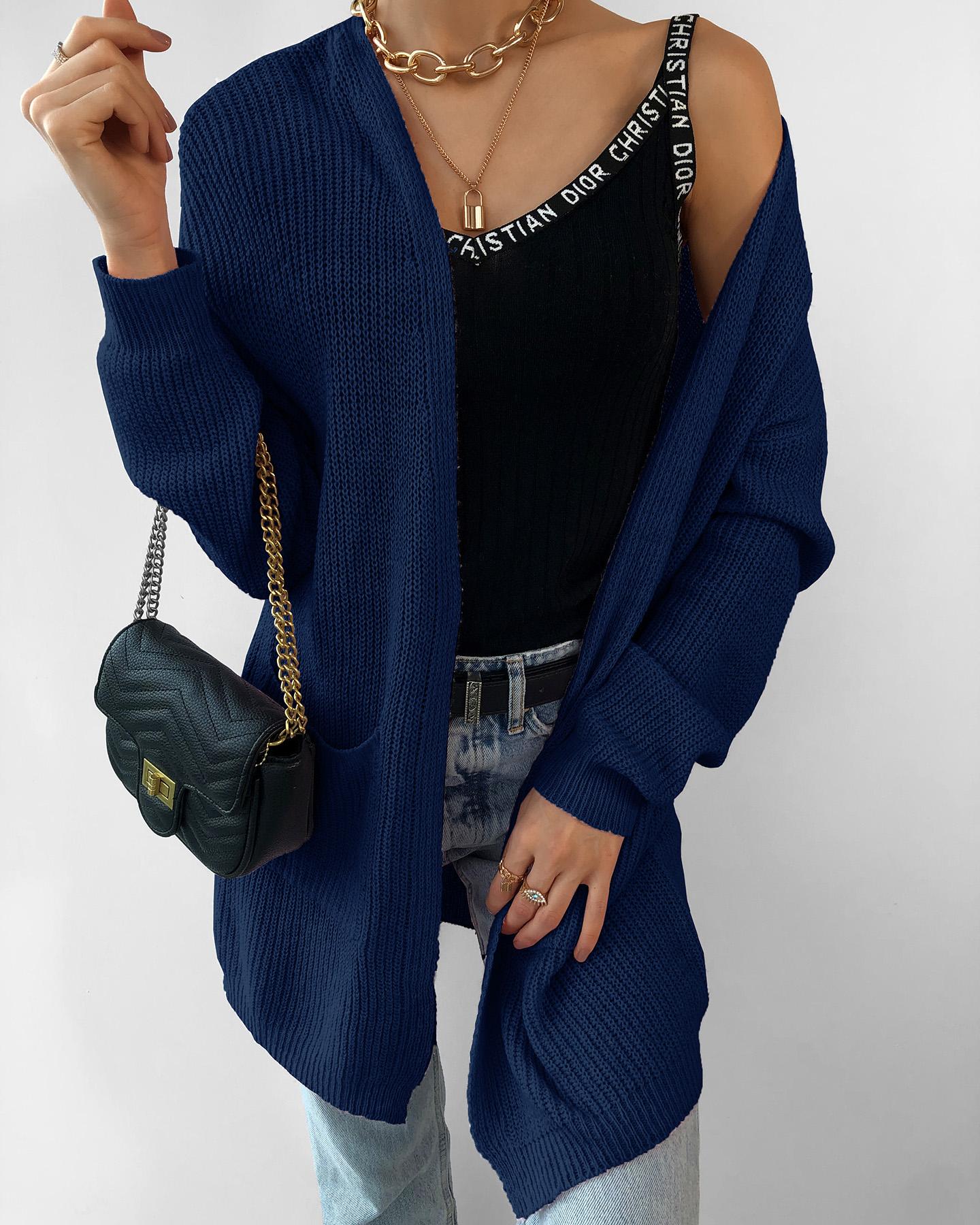 

Solid Long Sleeve Bubble Sleeve Loose Cardigans, Blue