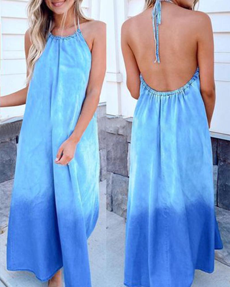 

Tie Dye Strappy Halter A-line Denim Dress, Blue