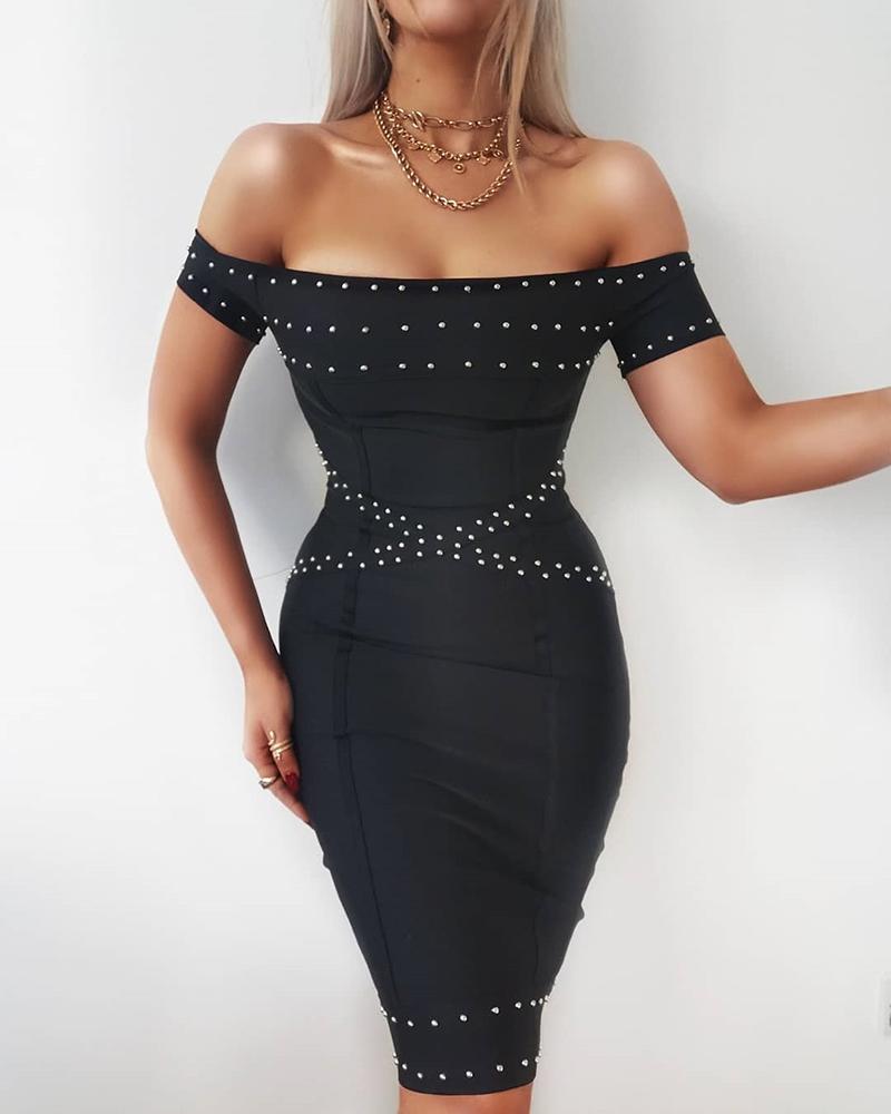 

Off Shoulder Beaded Design Dress, Black