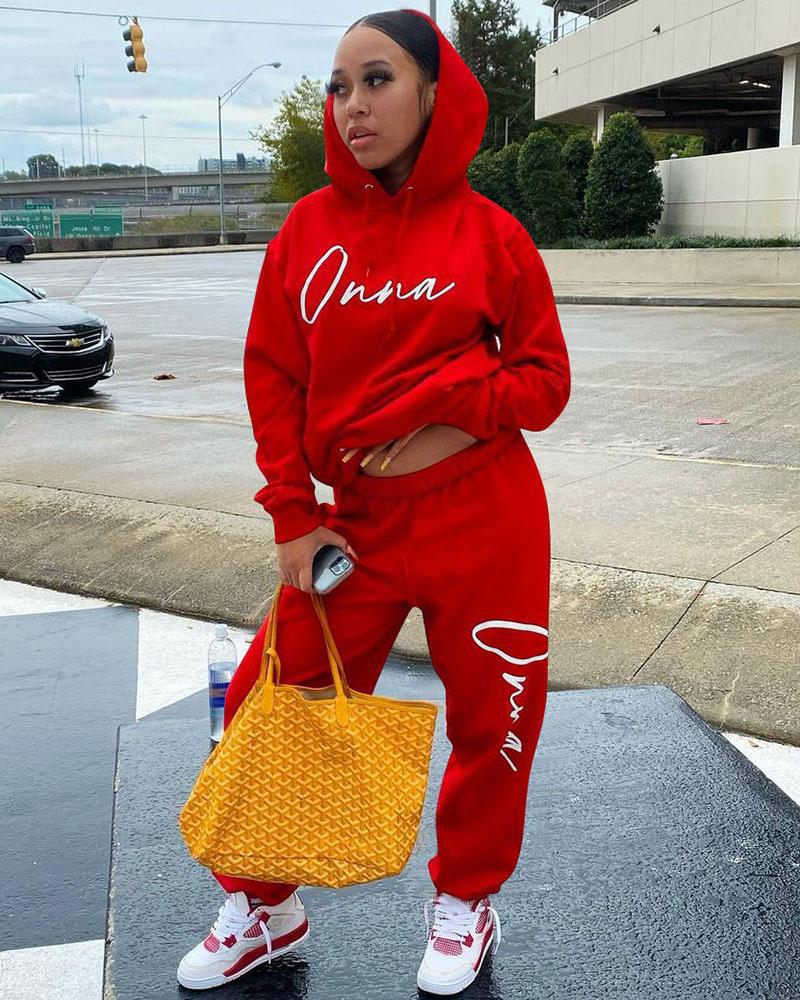 

Letter Print Hooded Top & Pants Set, Red