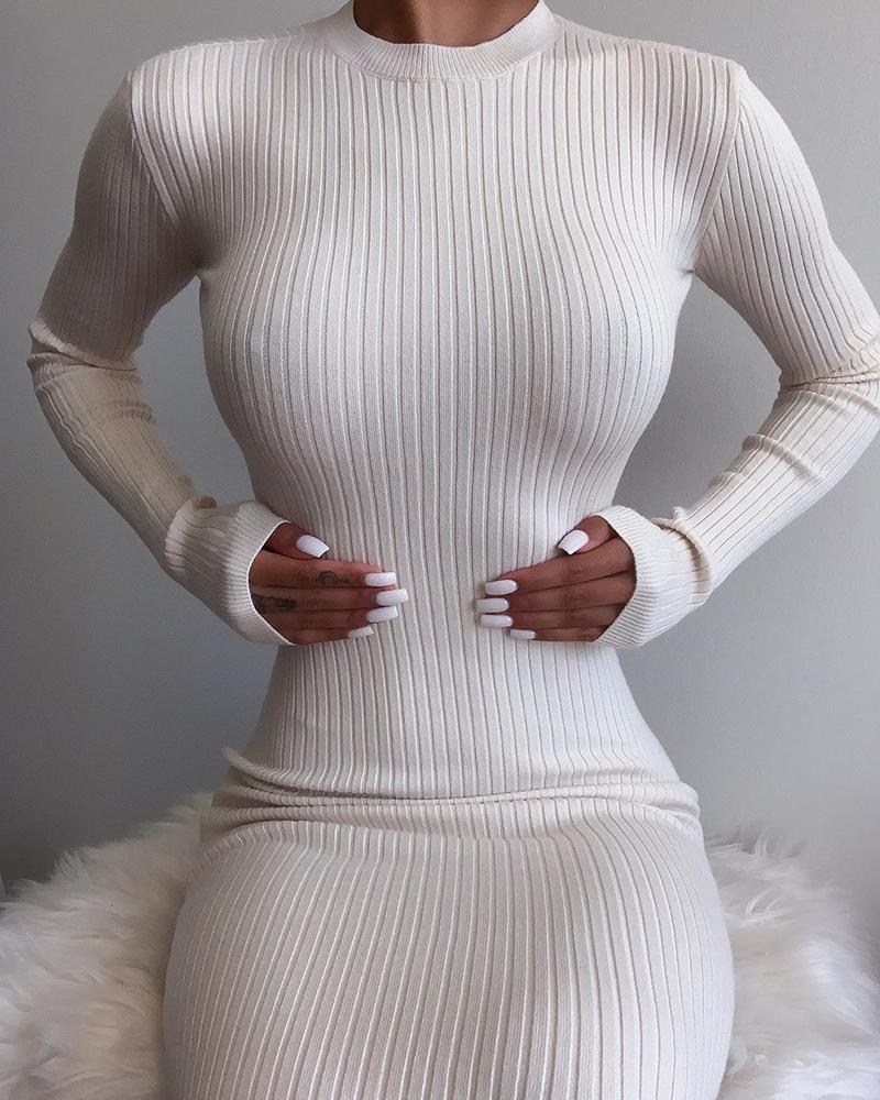 

Plain Ribbed Backless Long Sleeve Maxi Dress, White