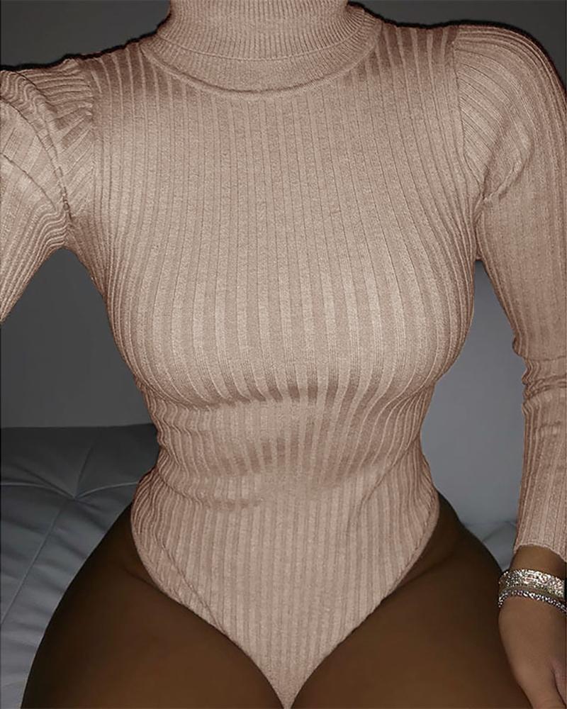 

High Neck Long Sleeve Knit Bodysuit, Nude