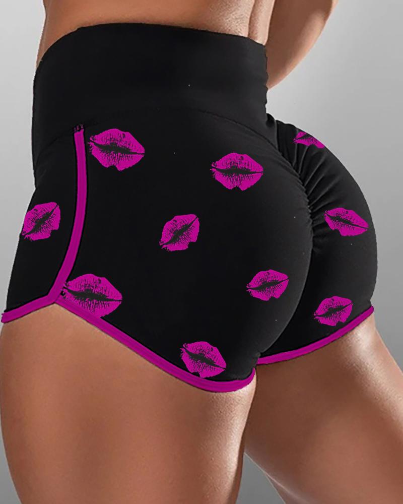 

Lip Print Contrast Binding Yoga Shorts, Black