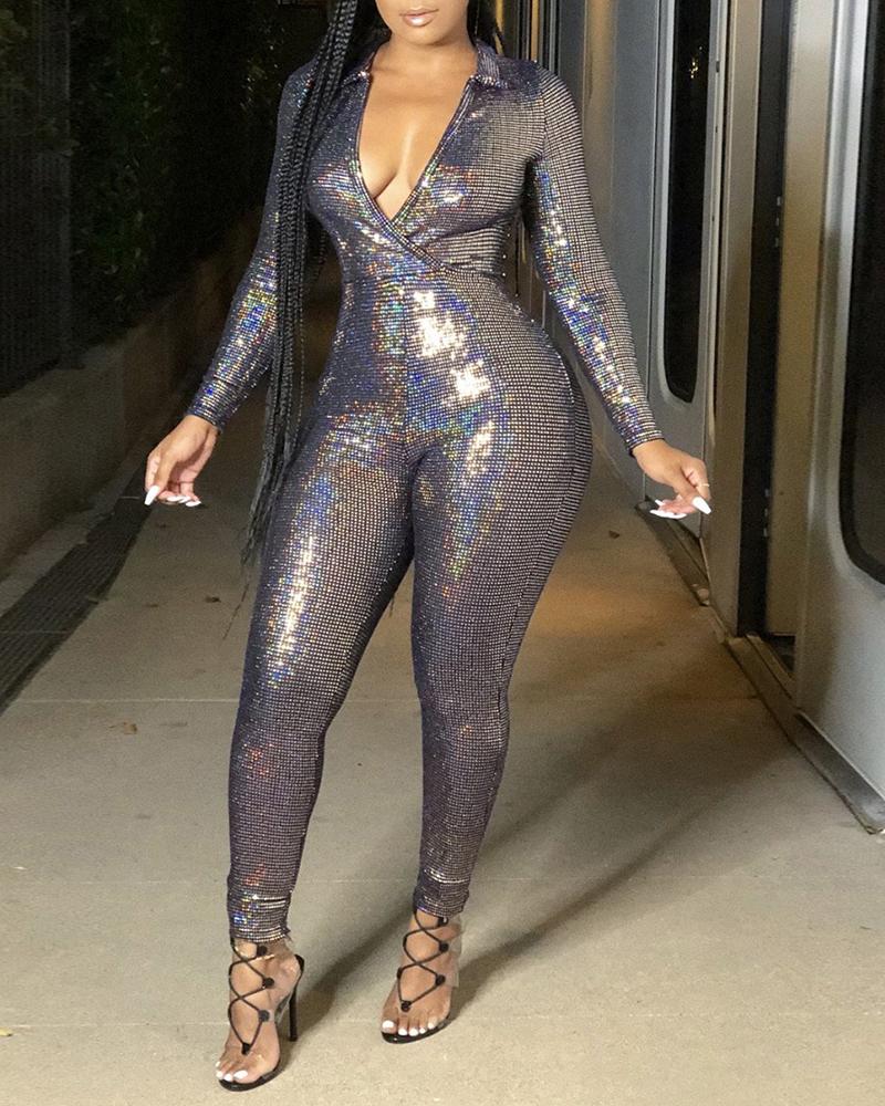 

Glitter Plunge Long Sleeve Fitted Jumpsuit, Silver