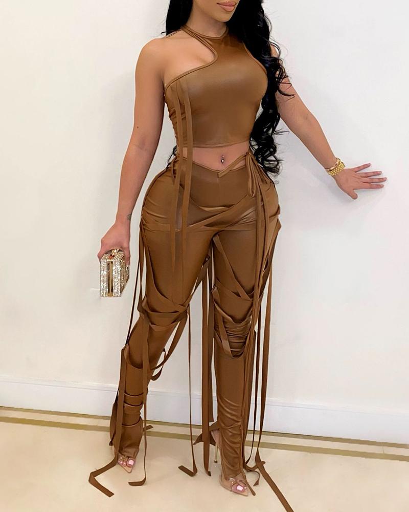 

PU Leather Strappy Skinny Top & Pants Set, Coffee