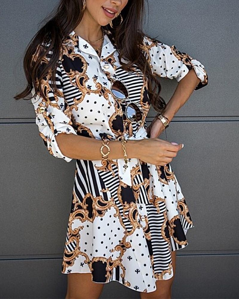 

Printing Lace-up Long Sleeve Dress, White